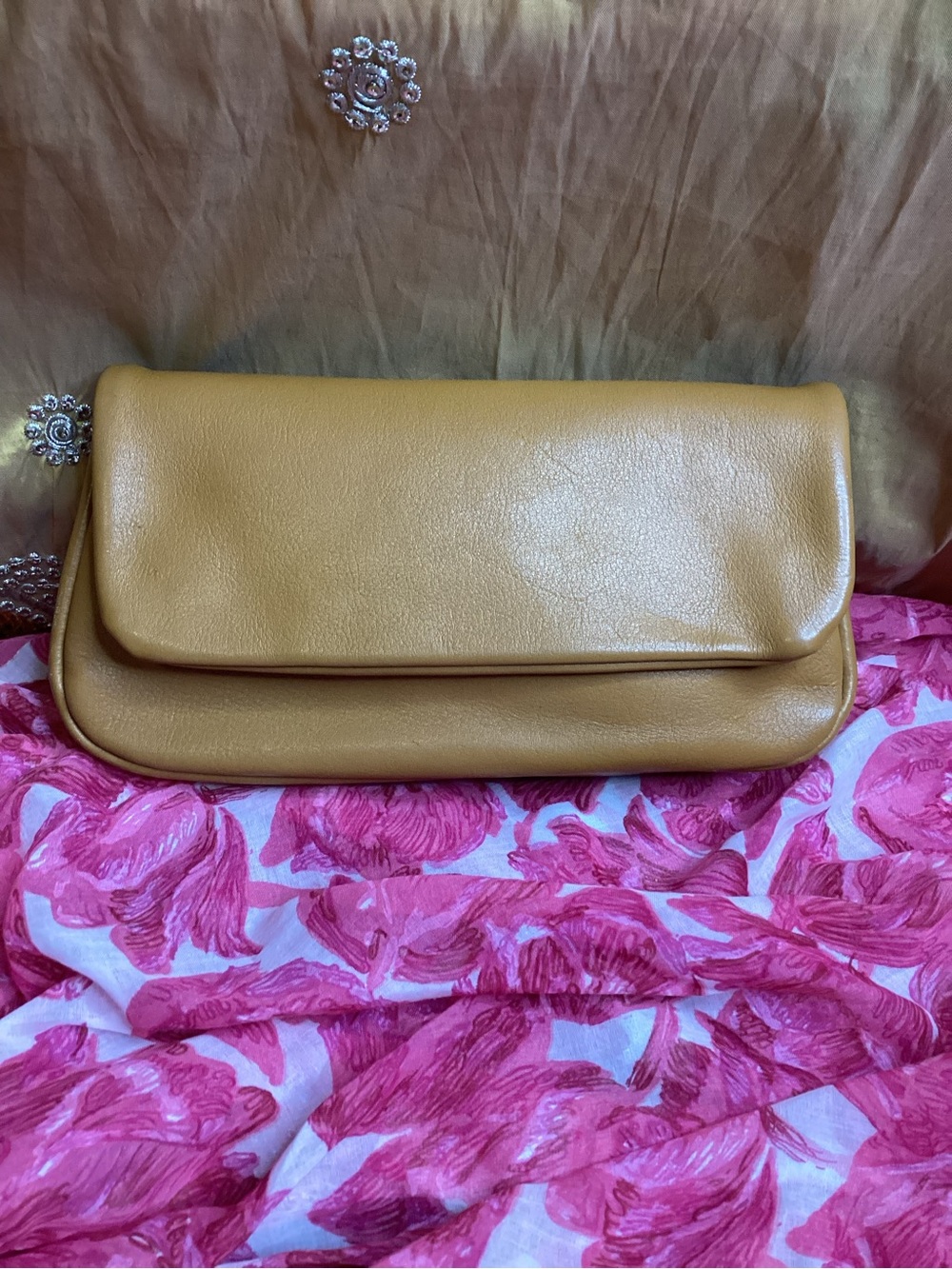 Vintage Caramel Tan Fold-Over Leather Clutch